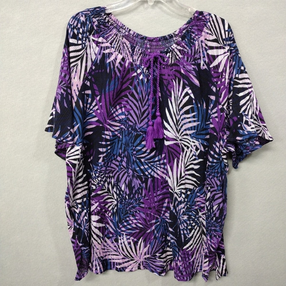 Catherines Women 2X Blouse Purple Floral Peasant Boho Tassel Short Sleeve Cotton